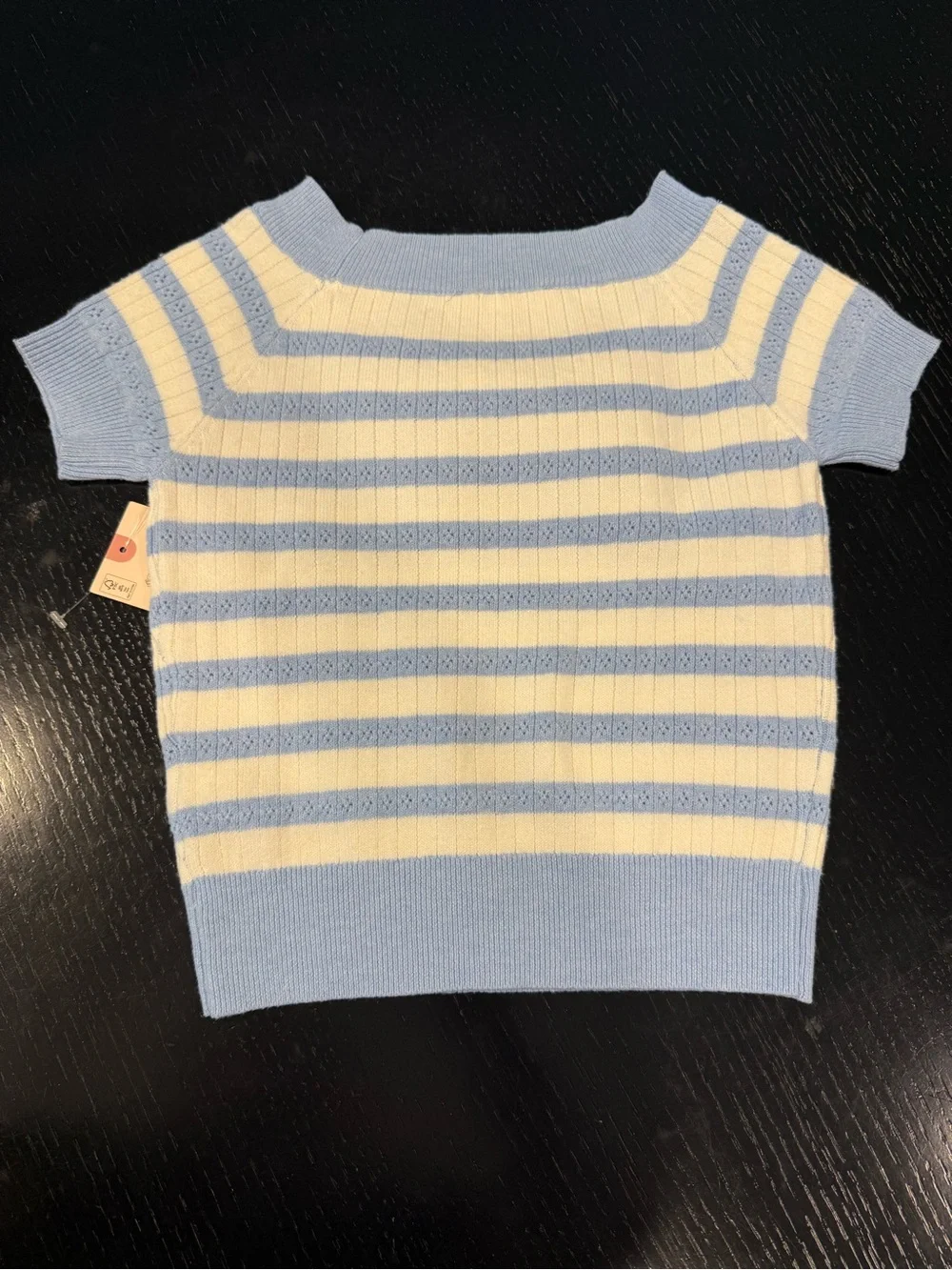 Sincerely Jules Short-Sleeve Striped Knit Sweater in Light Blue and Cream